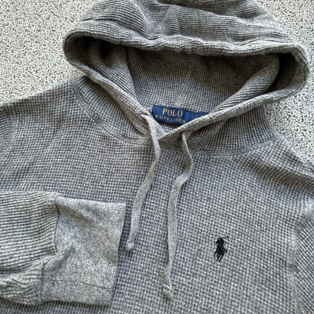 Polo Ralph Lauren Waffle Hoodie Mens S Gray Thermal Pony Logo Preppy Athleisure